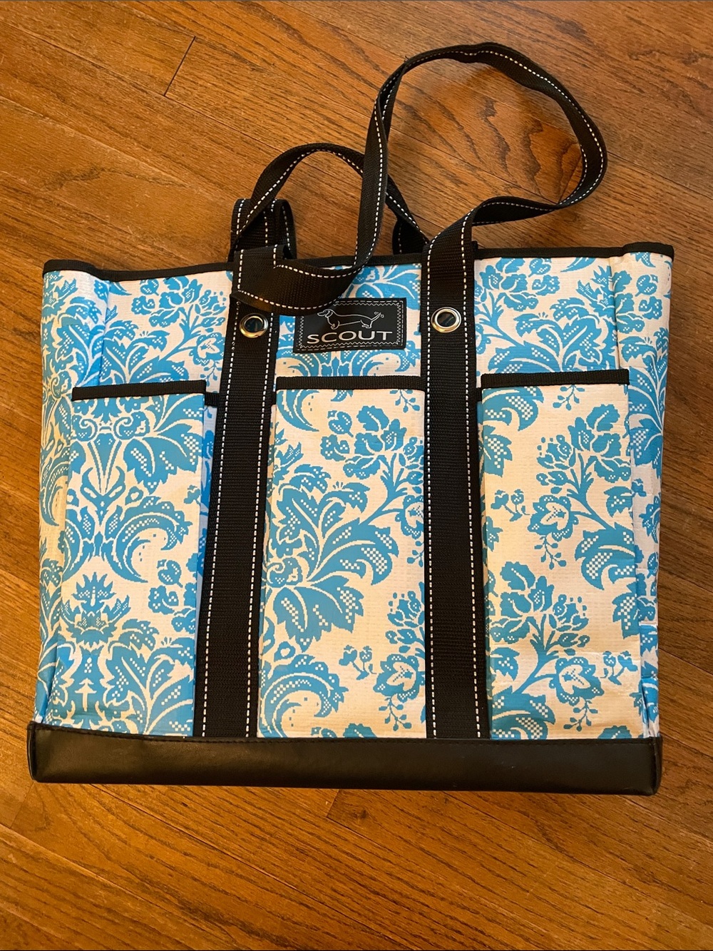 SCOUT Aqua Blue and White Floral Canvas Tote with Black Trim